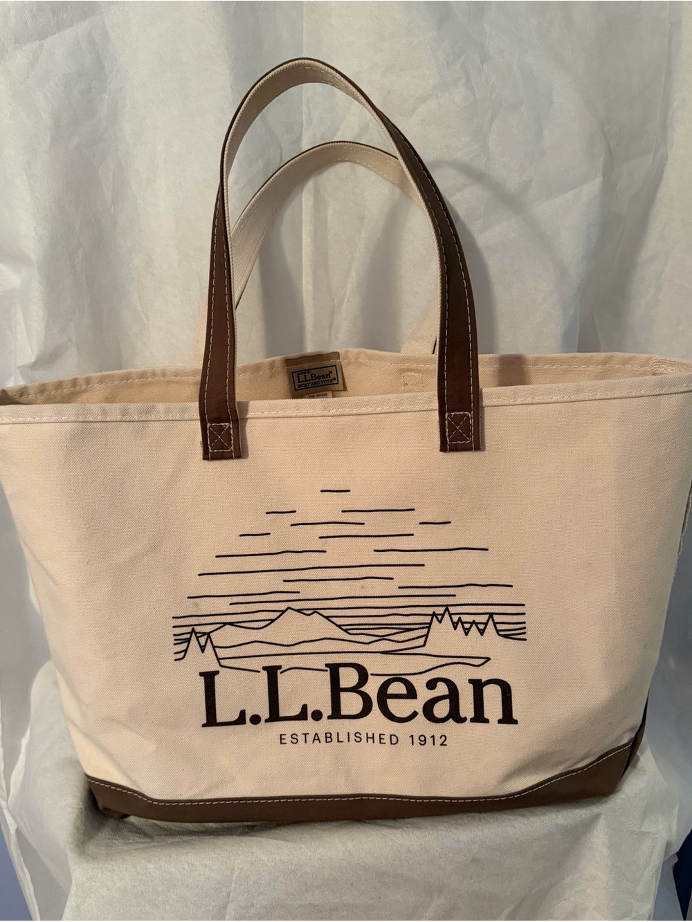 L.L. Bean Cream Canvas Tote with Brown Trim and Handles